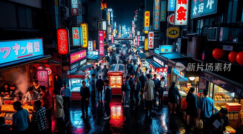 霓虹闪烁夜市繁华美食诱惑人群熙攘
