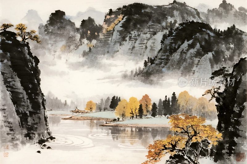 古典山水水墨画