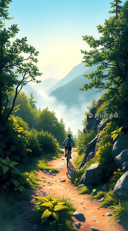 骑行者穿越绿色山谷