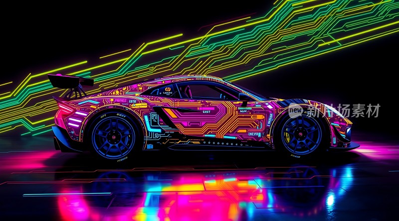赛博朋克风格赛车霓虹灯效果科技感十足