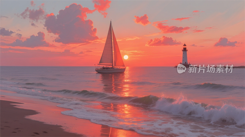 日落夕阳下大海帆船风景背景图