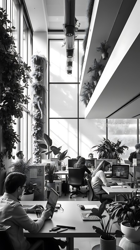 现代办公空间绿意盎然的工作环境