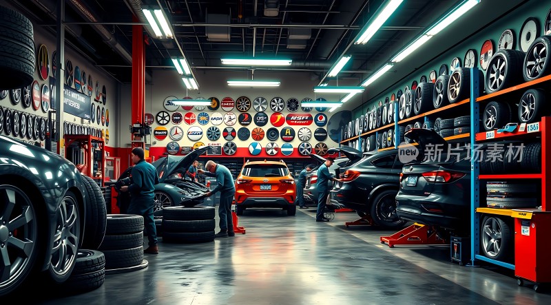 汽车维修车间里的忙碌工作场景