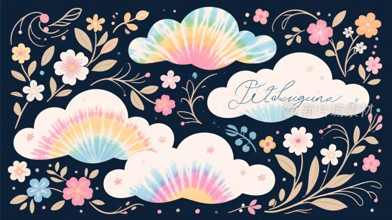 梦幻花卉云朵插画