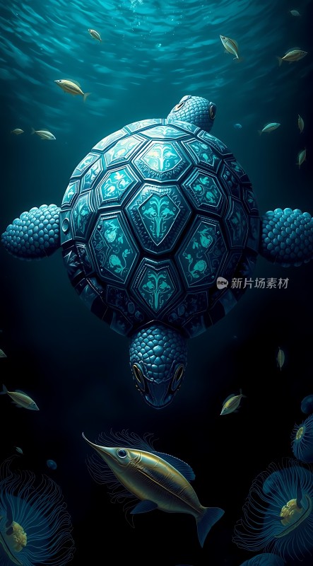 深海之蓝神秘海龟与鱼群共舞
