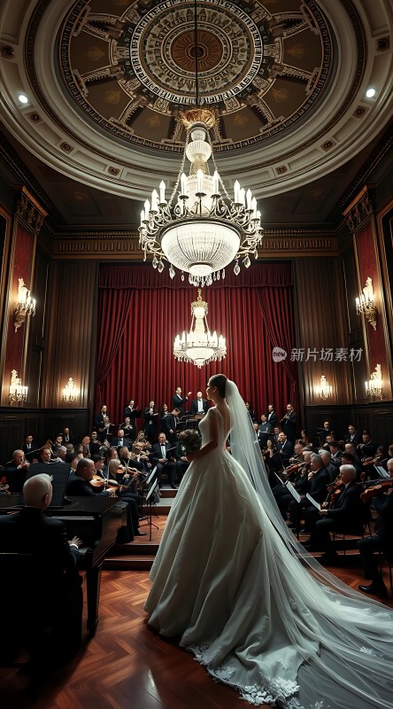 白色婚纱新娘华丽大厅交响乐团演奏