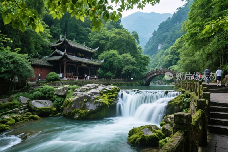山水古庙风景图