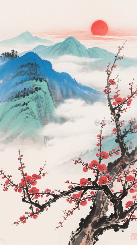 红梅映日山水国画