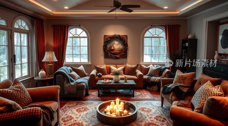 温馨客厅舒适沙发精美装饰温暖灯光