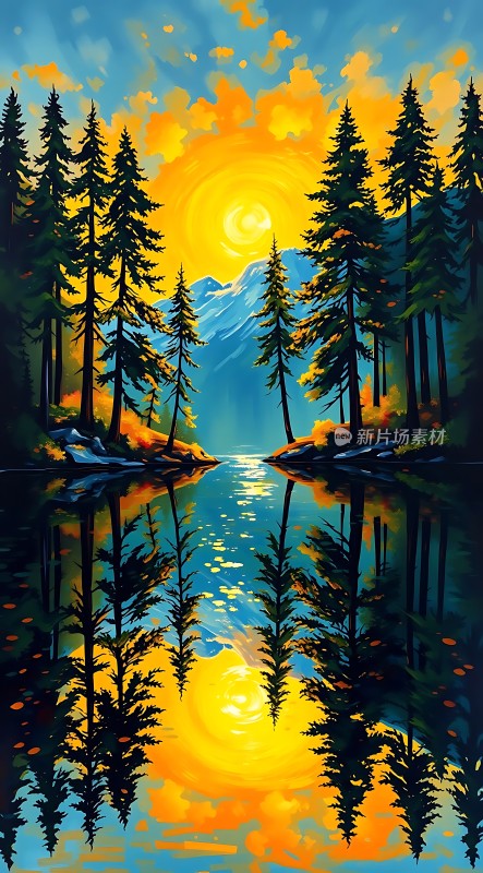 湖畔日落映山川