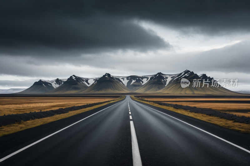 道路远处的山脉和阴云密布的天空高清图片