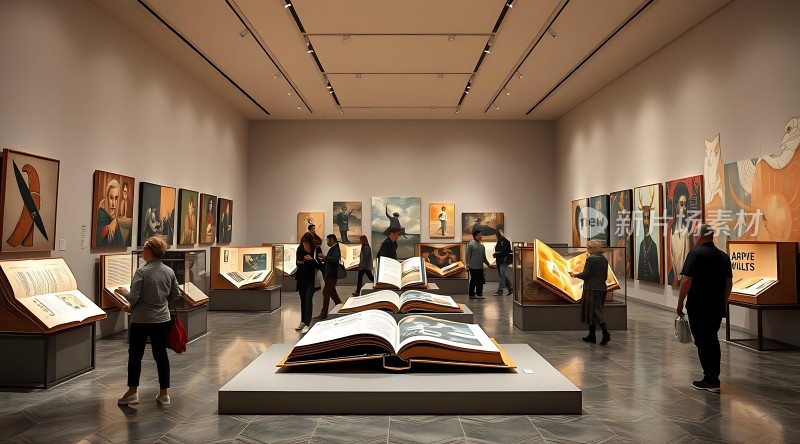艺术馆内参观者欣赏画作与雕塑作品