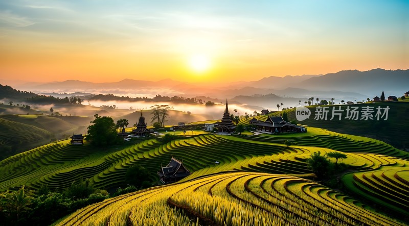 梯田晨曦阳光洒满大地