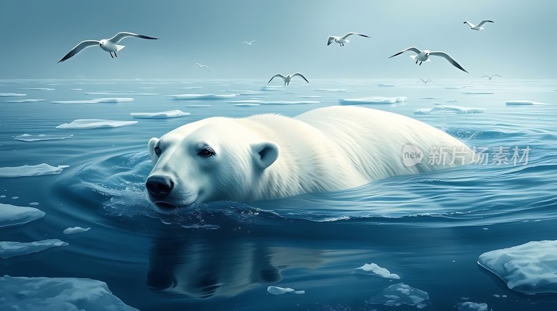北极熊在冰水中游泳海鸥飞翔