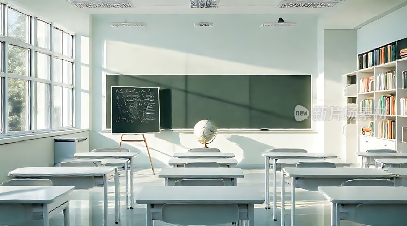 阳光洒满教室黑板、地球仪和整齐的书桌椅