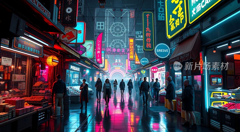 霓虹灯下的繁华夜市