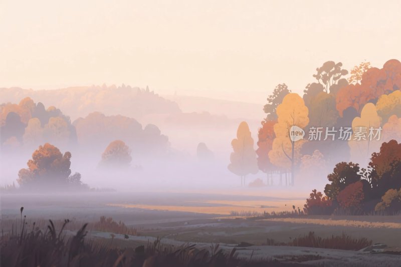 秋日晨雾中的田野风景