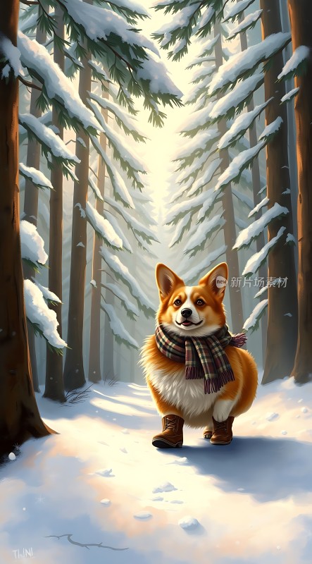 雪林漫步柯基犬