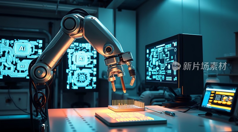 智能机器人操作电子元件科技感十足的工作环境