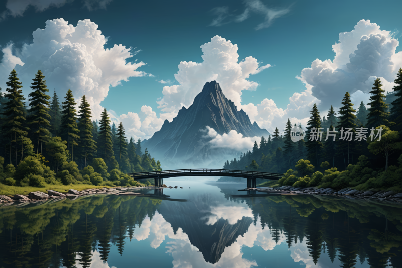 山上湖上桥的高清风景插画图片