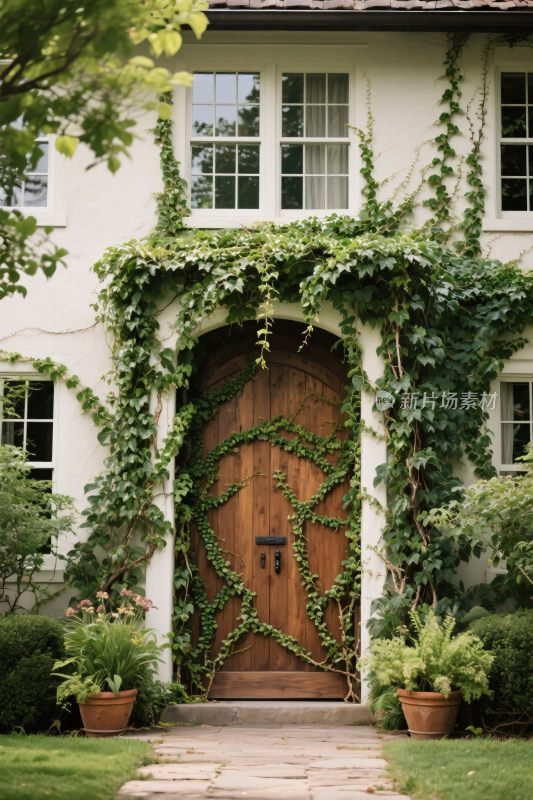 爬藤木门与房屋