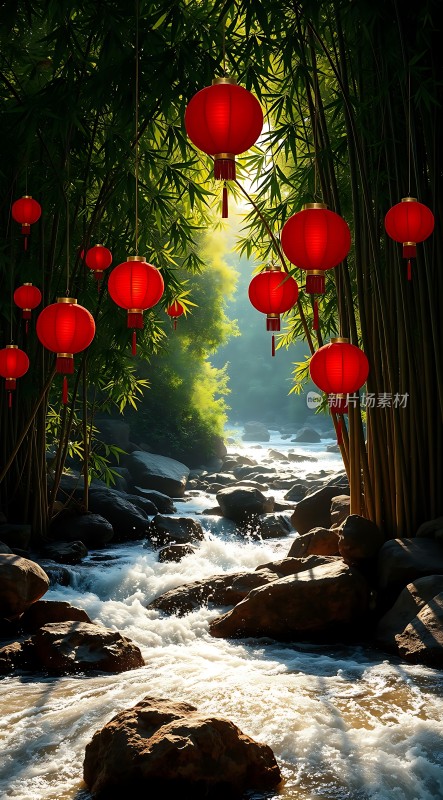 竹影斑驳映水波红灯高悬迎新春