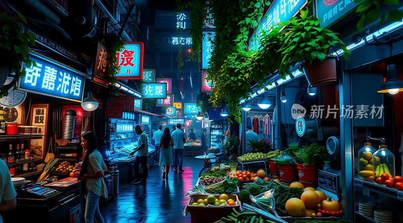 夜市繁华霓虹闪烁蔬果琳琅人间烟火气浓烈