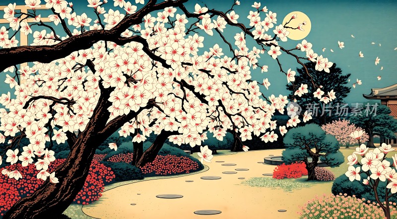 春夜月下樱花盛放