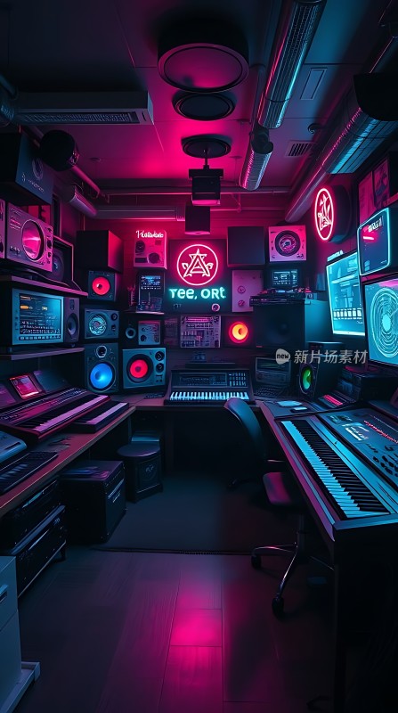 霓虹灯光下的音乐工作室