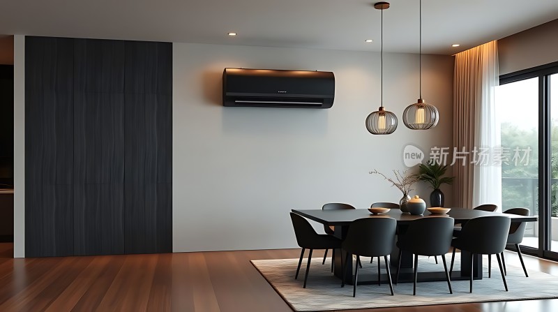 现代简约餐厅设计黑色餐桌椅与吊灯搭配营造温馨氛围