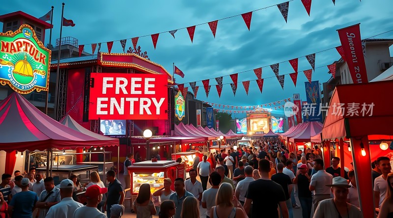 免费入场热闹集市人潮涌动霓虹闪烁