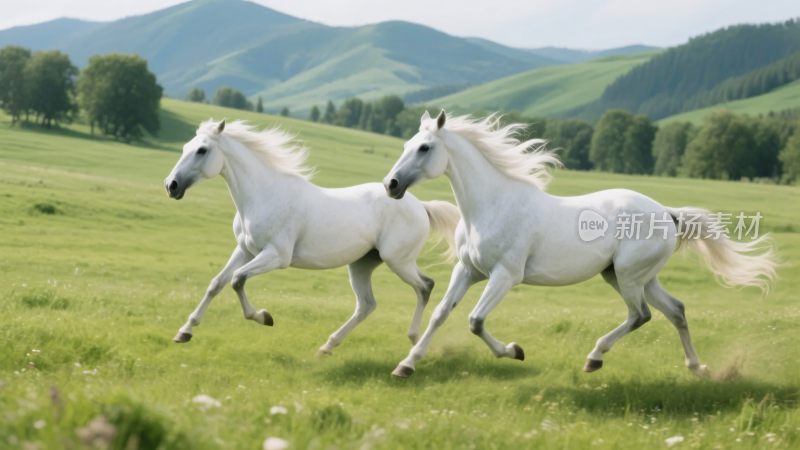 草原上两匹白马奔腾