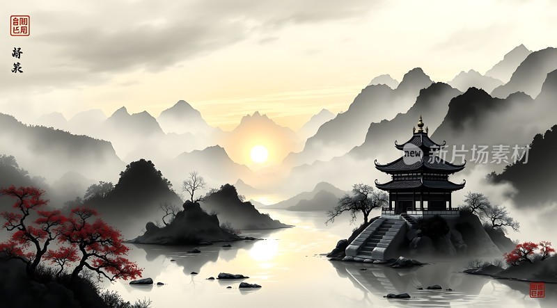 晨曦下的山水楼阁