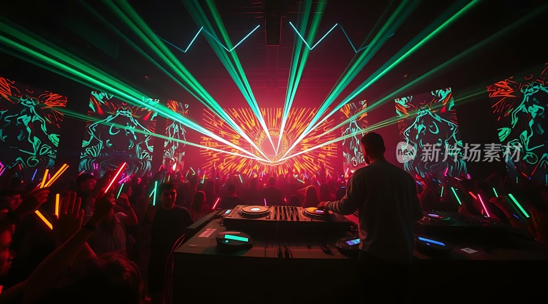 电音派对现场DJ与观众互动灯光绚丽多彩