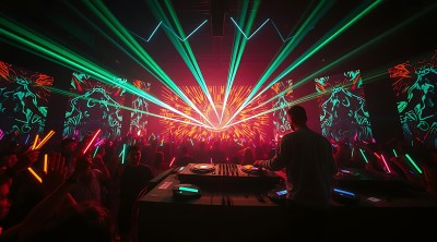 电音派对现场DJ与观众互动灯光绚丽多彩 电音派对现场DJ与观众互动灯光绚丽多彩