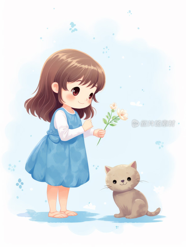 卡通少女和小猫