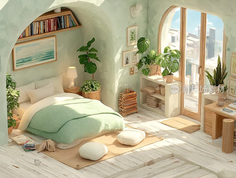 清新绿植卧室室内场景插画