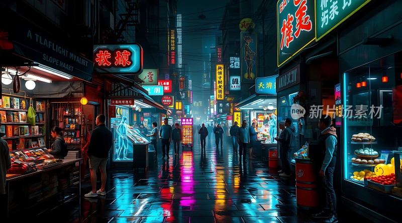 霓虹灯下的繁华夜市