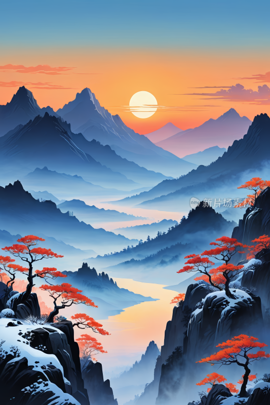 有日落和湖泊山地景观高清插画图片