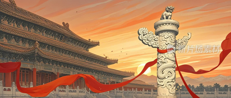 中国风传统建筑古代门神国潮插画图