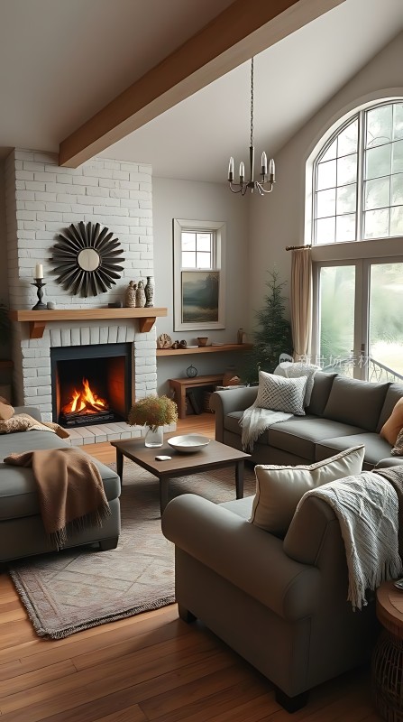 温馨壁炉客厅舒适沙发与自然光线