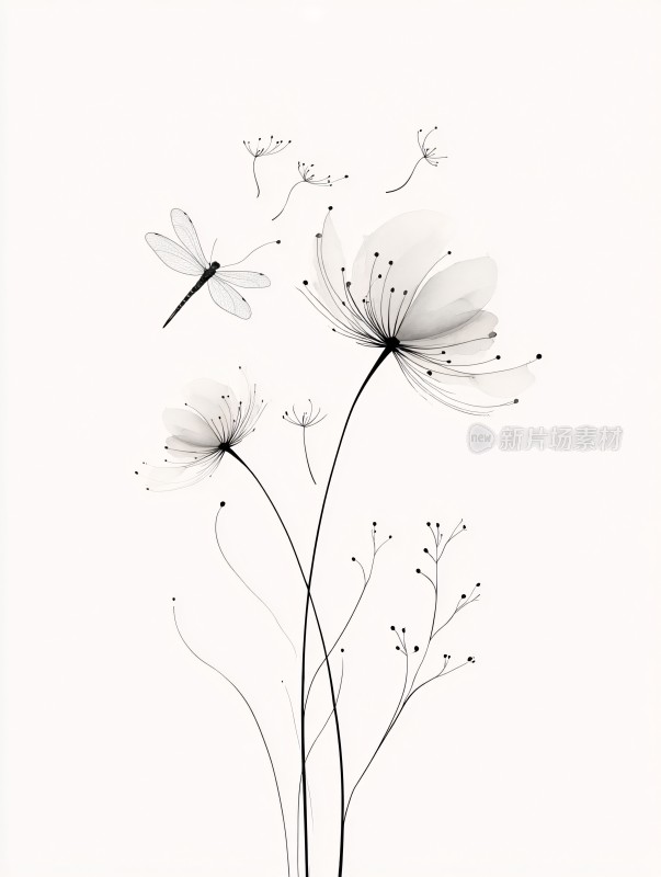 黑白花卉与蜻蜓插画