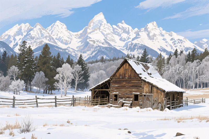 雪山木屋雪景画