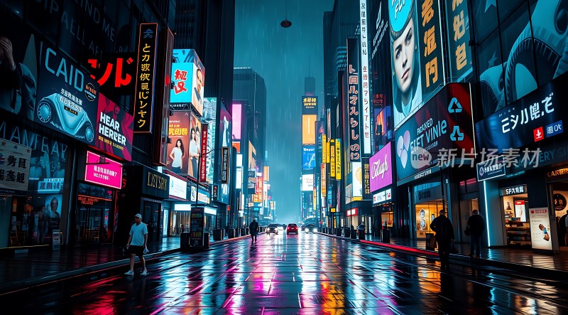 霓虹灯下的雨夜街头