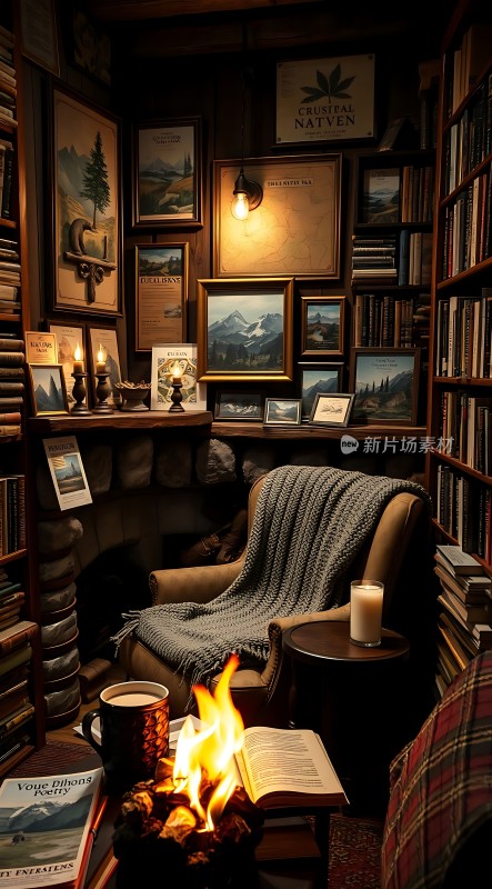 书架环绕的书房壁炉旁的舒适阅读时光