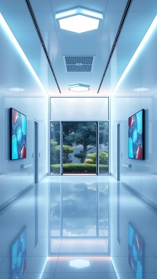 科技感走廊未来主义风格蓝色调玻璃墙绿植景观高清屏幕装饰 科技感走廊未来主义风格蓝色调玻璃墙绿植景观高清屏幕装饰