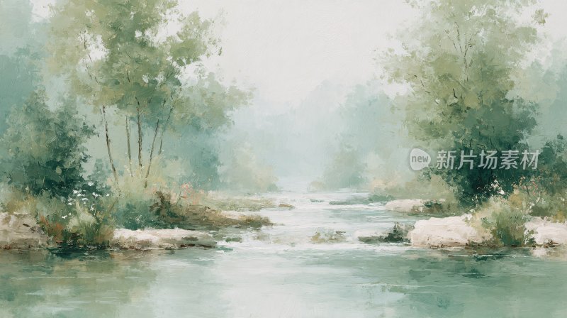 清新唯美的河畔树林景象