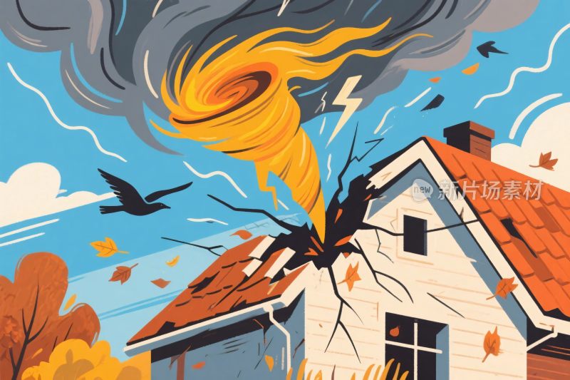 龙卷风袭击房屋场景