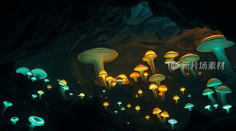 神秘洞穴中的荧光蘑菇