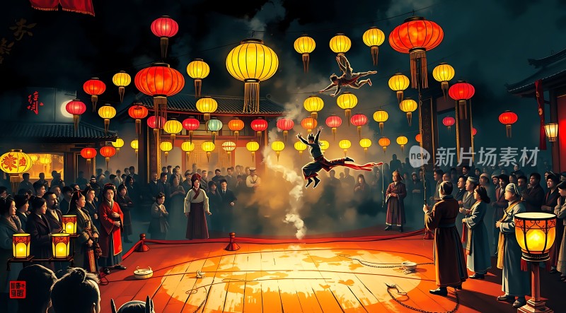 夜幕下的传统节日庆典灯笼高悬人们欢聚一堂精彩表演引人入胜